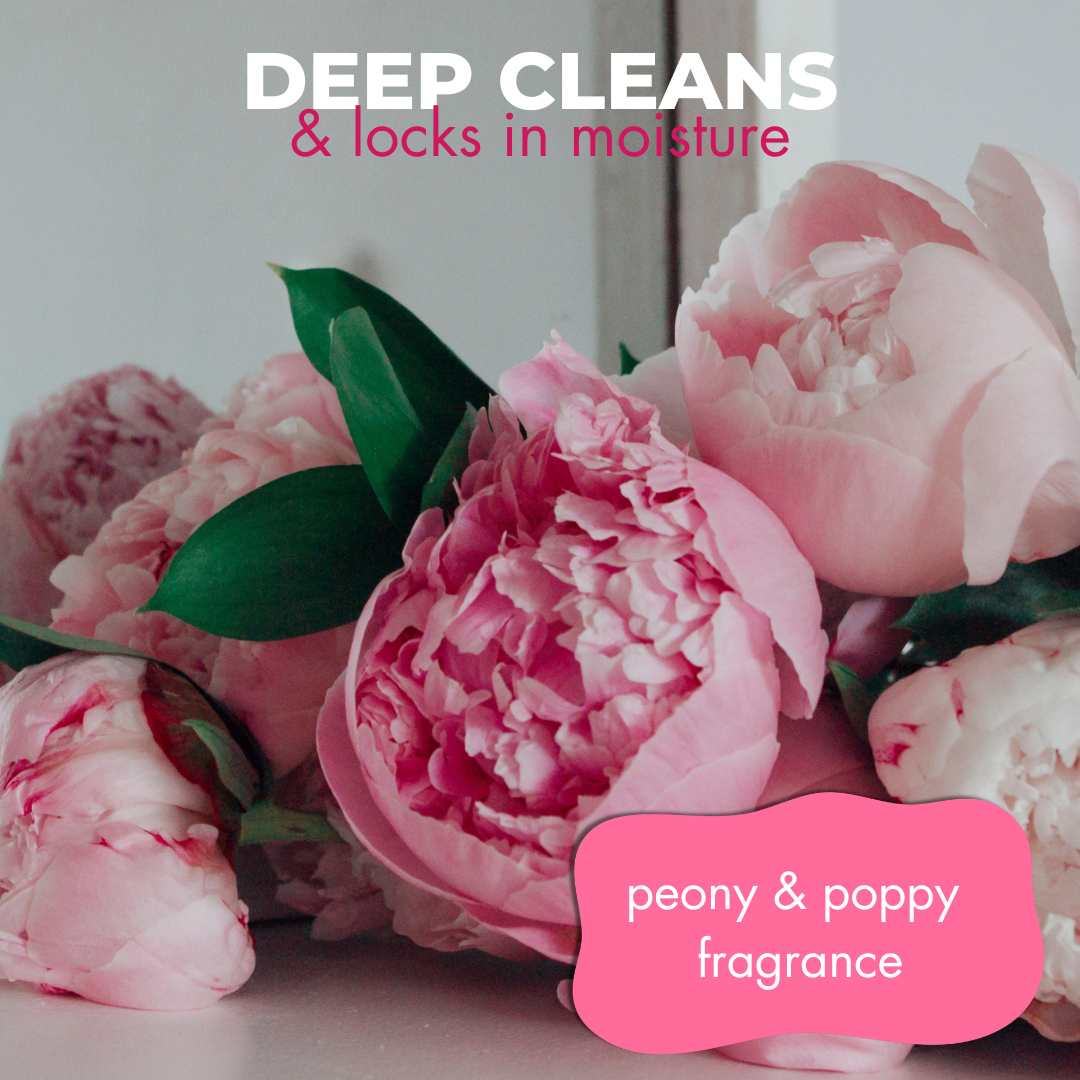Image featuring pink peony flowers accompanied by the text: 'deep cleans and locks in moisture, peony & poppy fragrance'