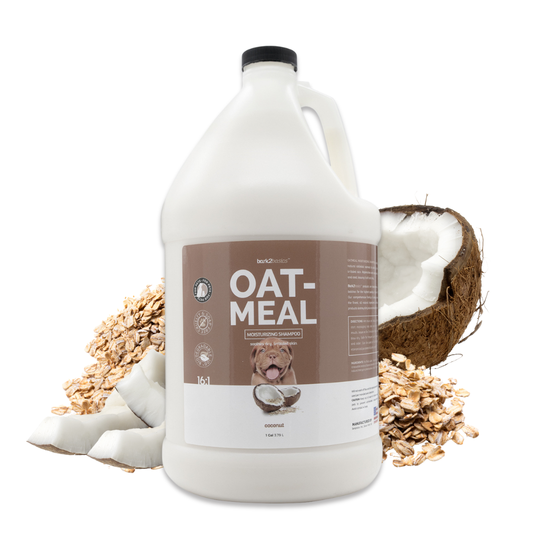 Gallon jug of Bark2Basics Oatmeal Shampoo surrounded by oats and pieces of fresh coconut