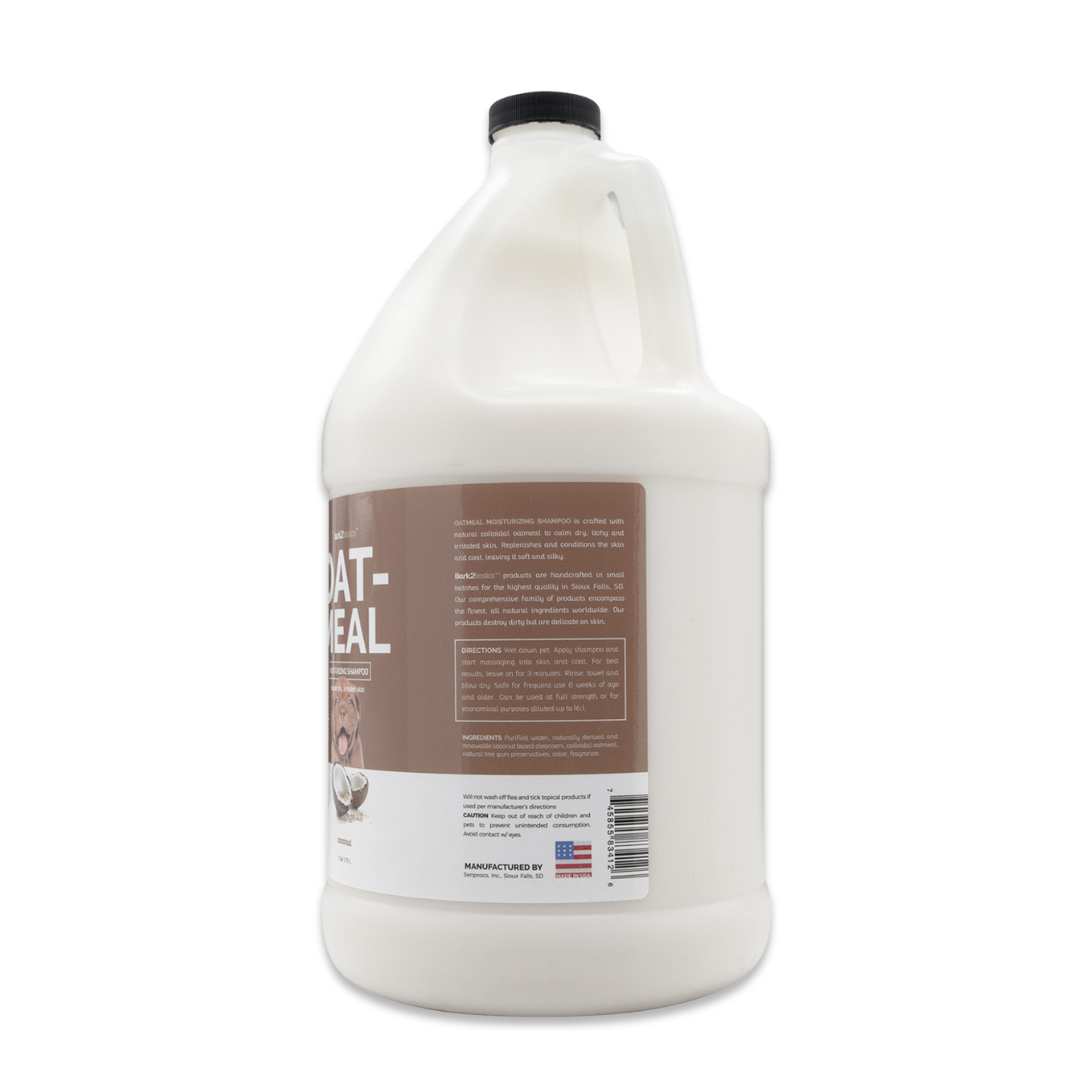Side view of Bark2Basics Oatmeal Shampoo gallon jug, showcasing product label with ingredients and description