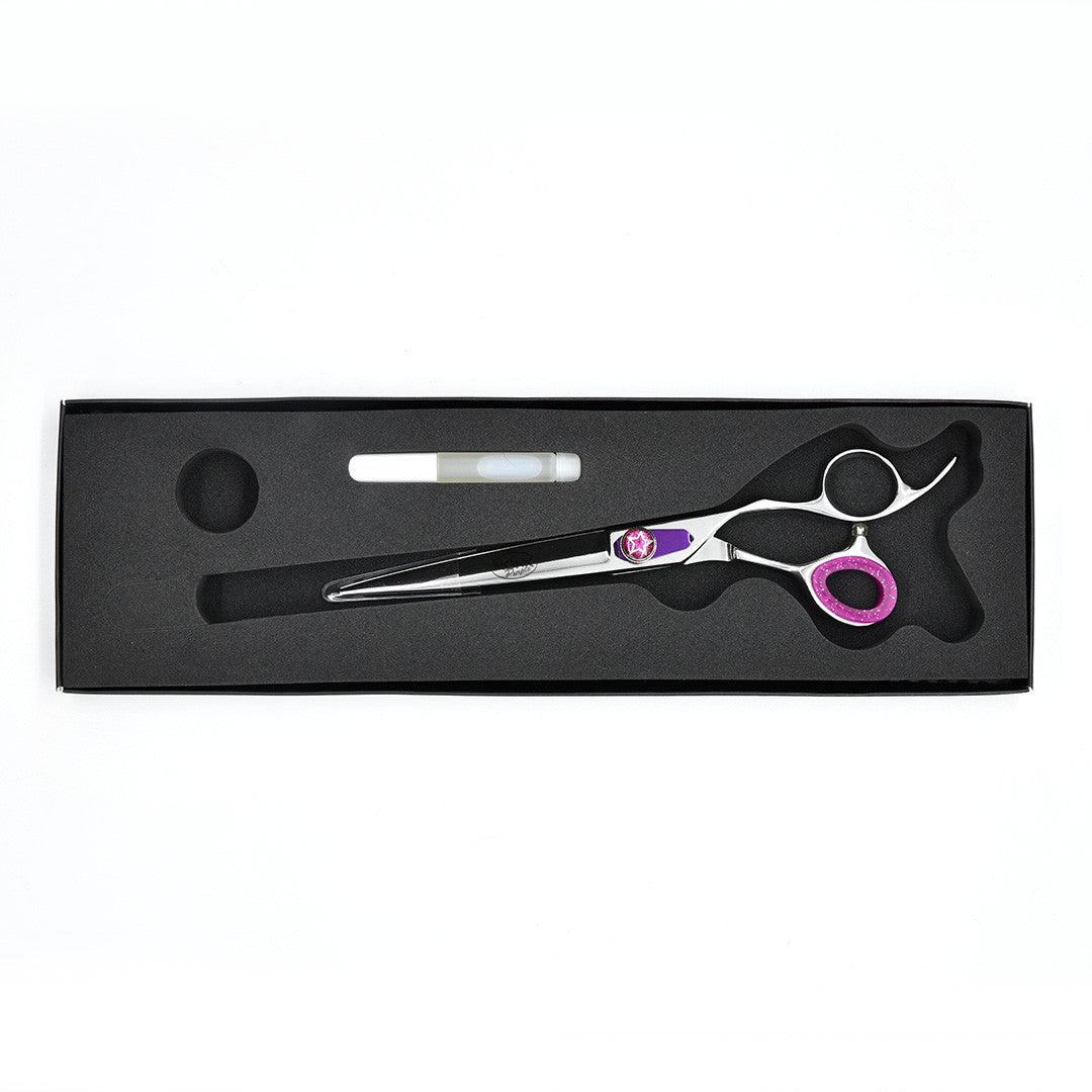 Monk Purple 7.5" Straight Shear in a protective black foam-lined case with gel finger ring and shear oil