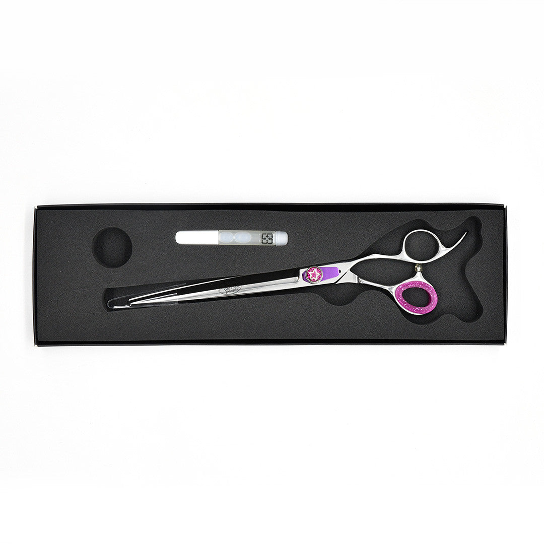 Monk Purple 8.5" Straight Shear in a protective black foam-lined case with gel finger ring and shear oil
