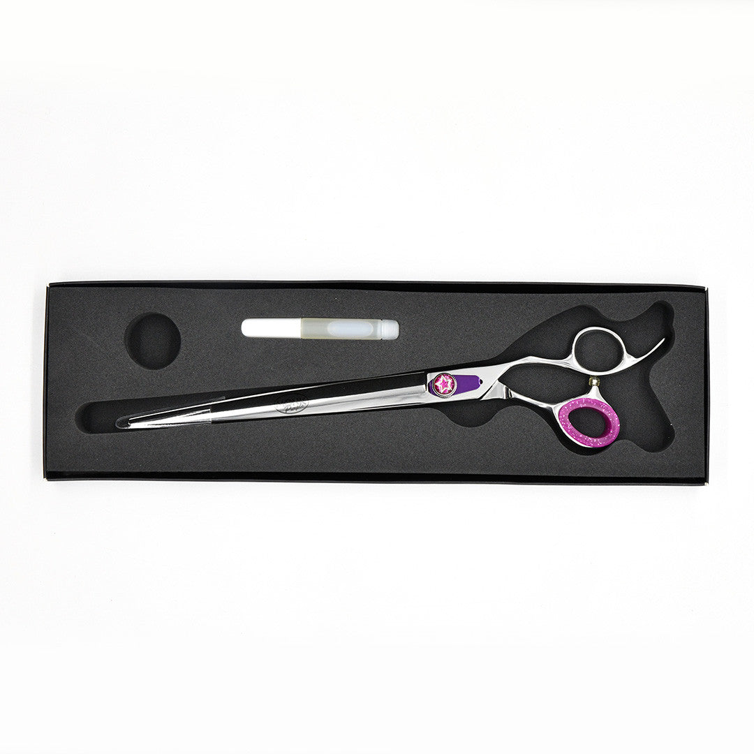 Monk Purple 9.5" Straight Shear in a protective black foam-lined case with gel finger ring and shear oil