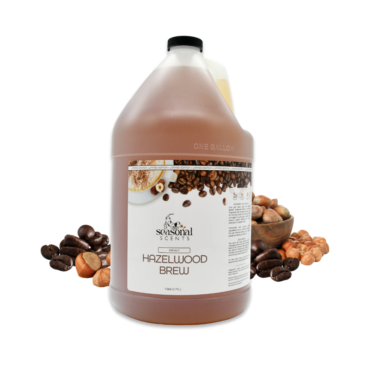 Gallon jug of Seasonal Scents Hazelwood Brew Shampoo, displayed with fresh hazelnuts and coffee beans
