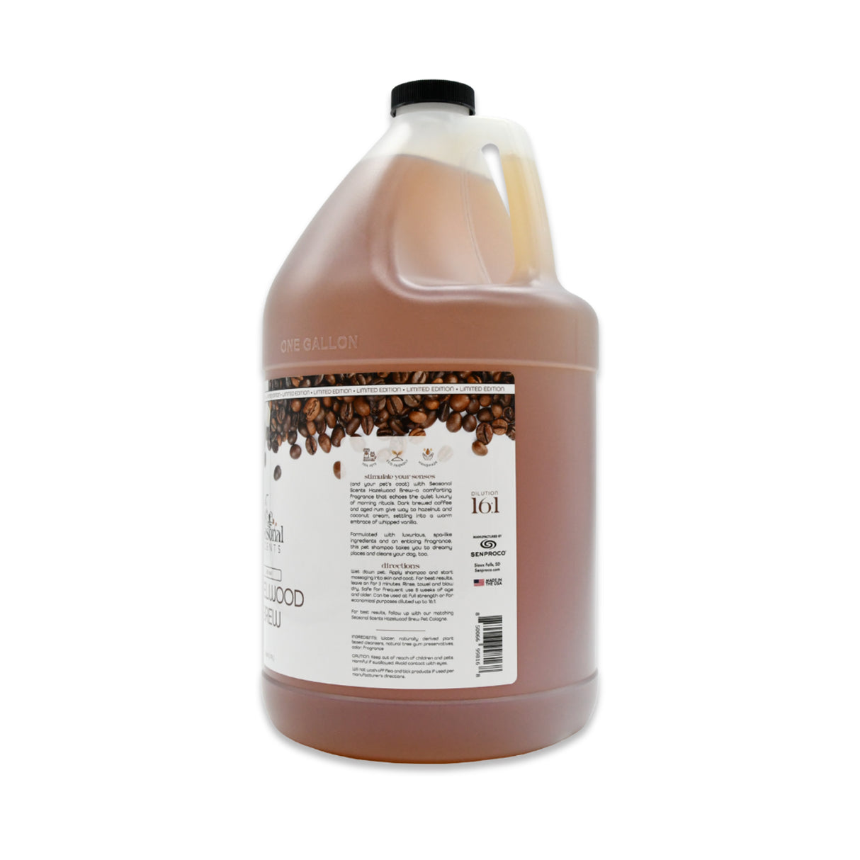 Side view of Seasonal Scents Hazelwood Brew Shampoo gallon jug, showcasing product label with description, directions and ingredients