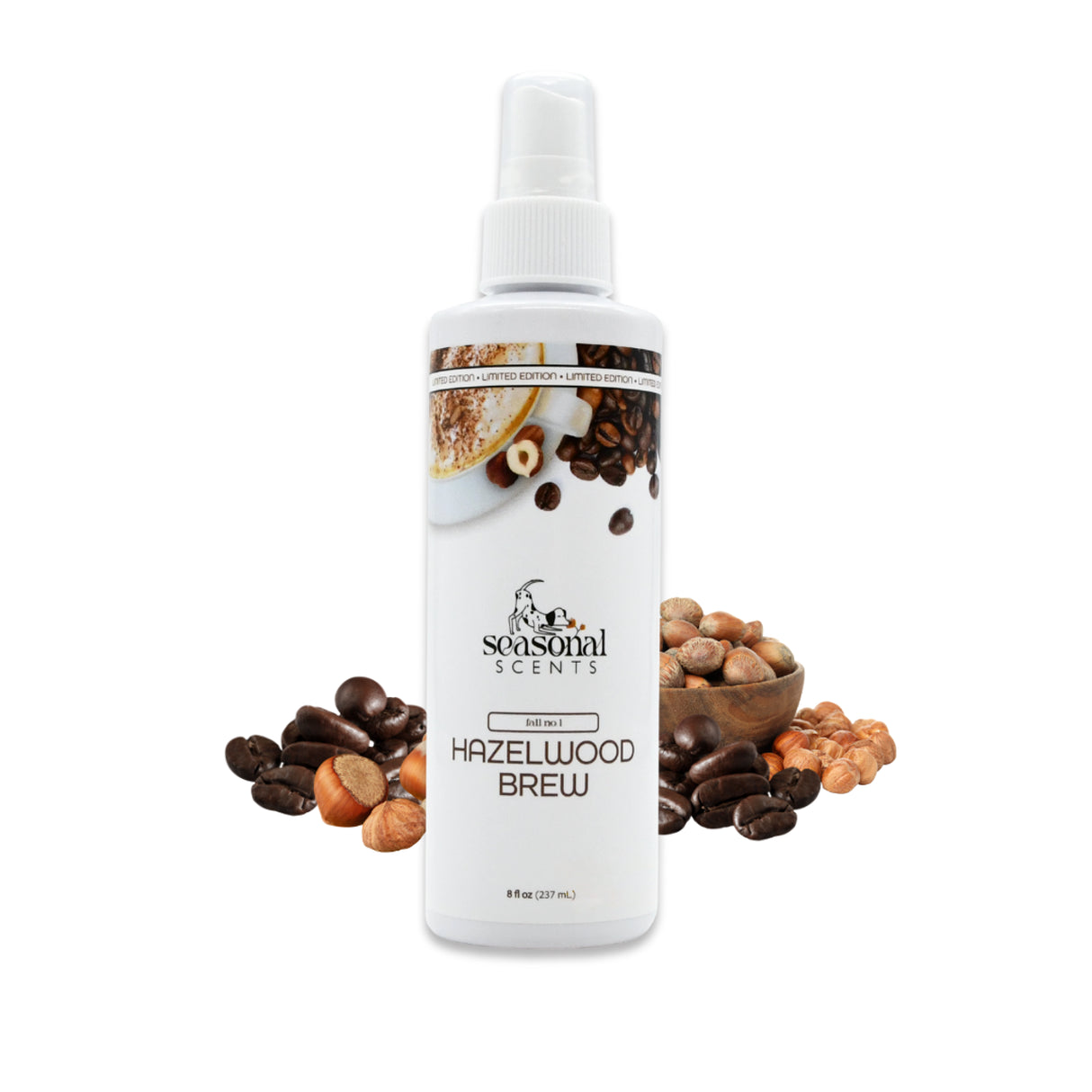 8 oz bottle of Seasonal Scents Hazelwood Brew Cologne, displayed with fresh hazelnuts and coffee beans