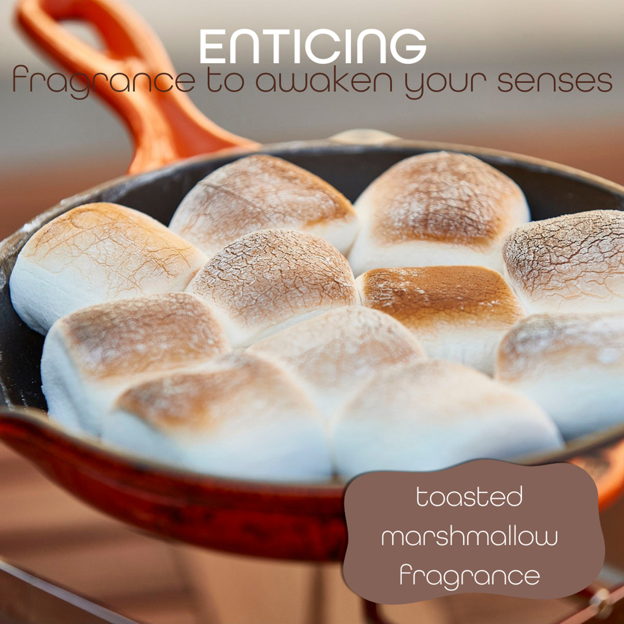 Close-up of golden-brown toasted marshmallows in a skillet with text overlay reading 'enticing fragrance to awaken your senses, Toasted Marshmallow fragrance'