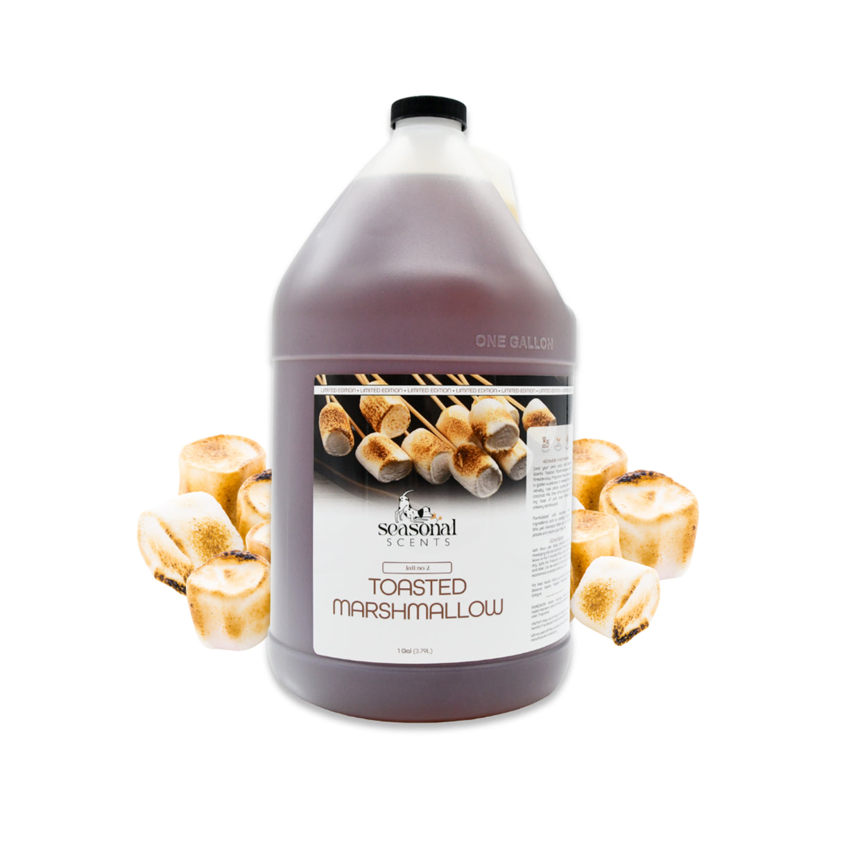 Gallon jug of Seasonal Scents Toasted Marshmallow Shampoo, displayed with golden-brown marshmallows
