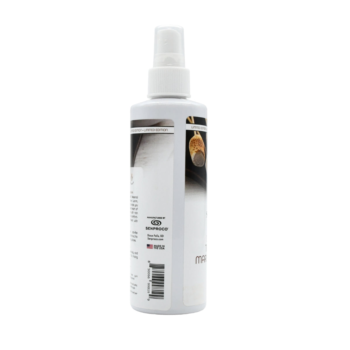 Side view of Seasonal Scents Toasted Marshmallow Cologne 8 oz bottle, showcasing product label with manufacturer information and UPC