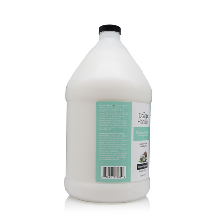 Left side view of The Coat Handler Undercoat Control DeShedding Conditioner gallon jug, showcasing product description