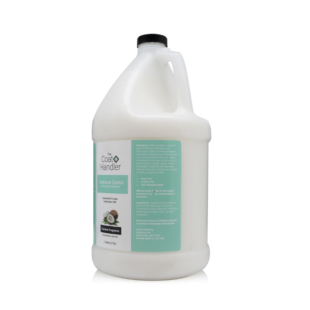 Right side view of The Coat Handler Undercoat Control DeShedding Conditioner gallon jug, showcasing directions and ingredients