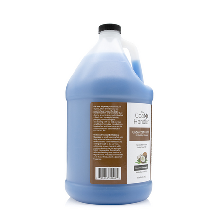 Left side view of The Coat Handler Undercoat Control DeShedding Shampoo gallon jug, showcasing product description