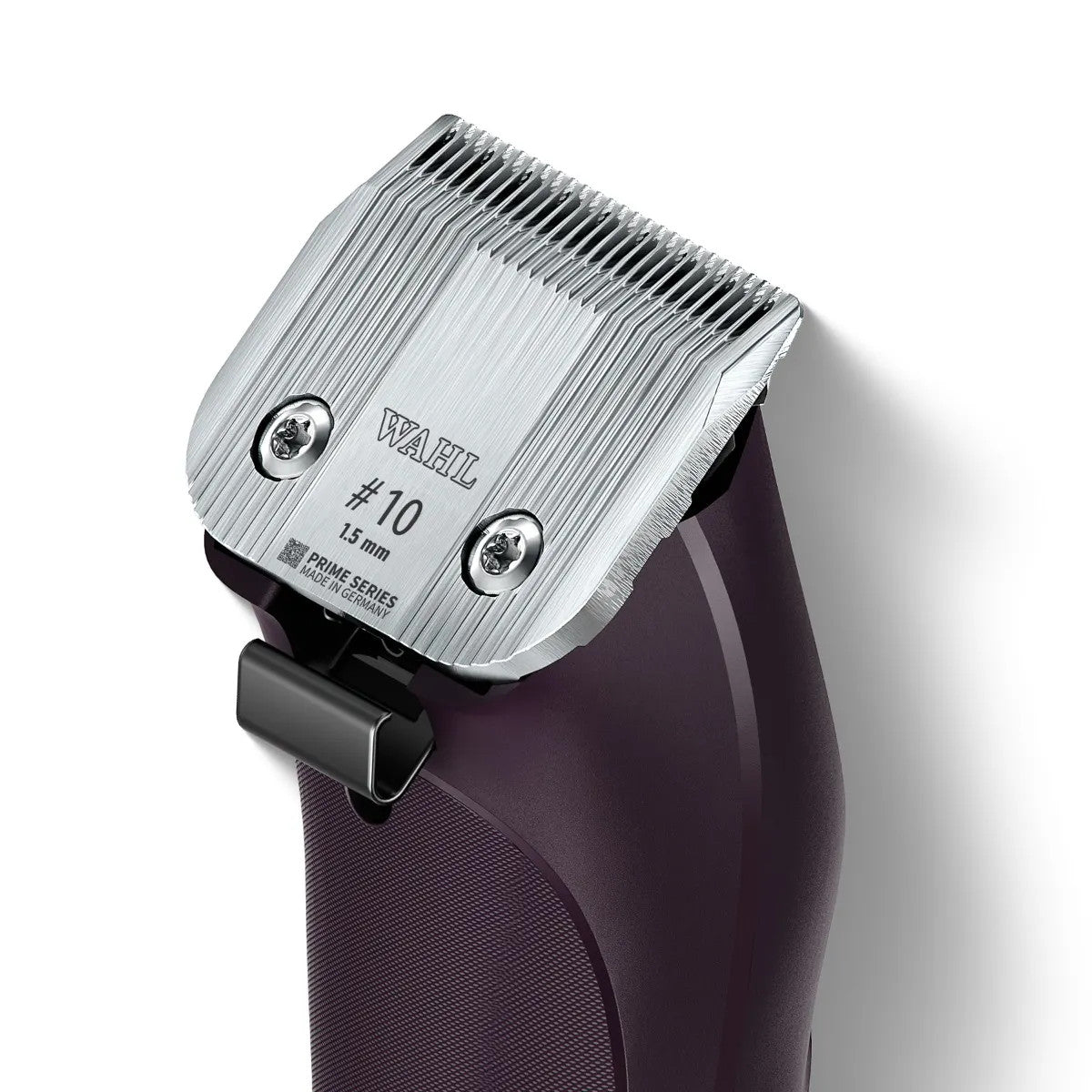 Close-up view of #10 Prime Series Blade on Wahl KM Supera, highlighting the clipper's LOCKGUARD system