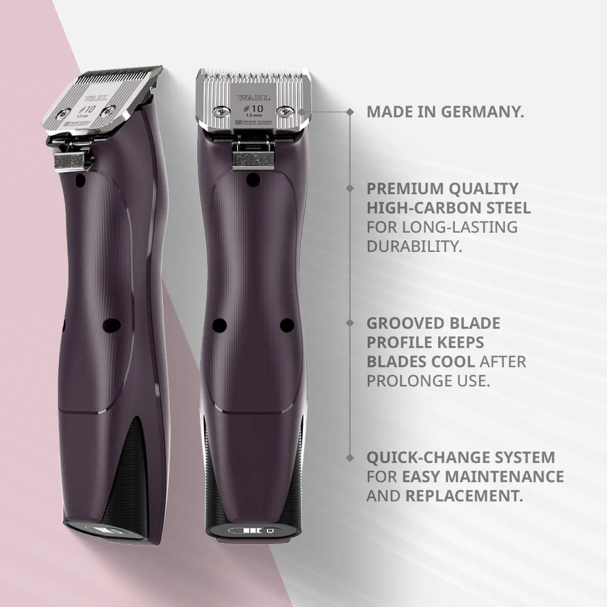 Wahl KM Supera with key features: made in Germany, premium high-carbon steel for durability, grooved blade profile to keep blades cool and quick-change blade system