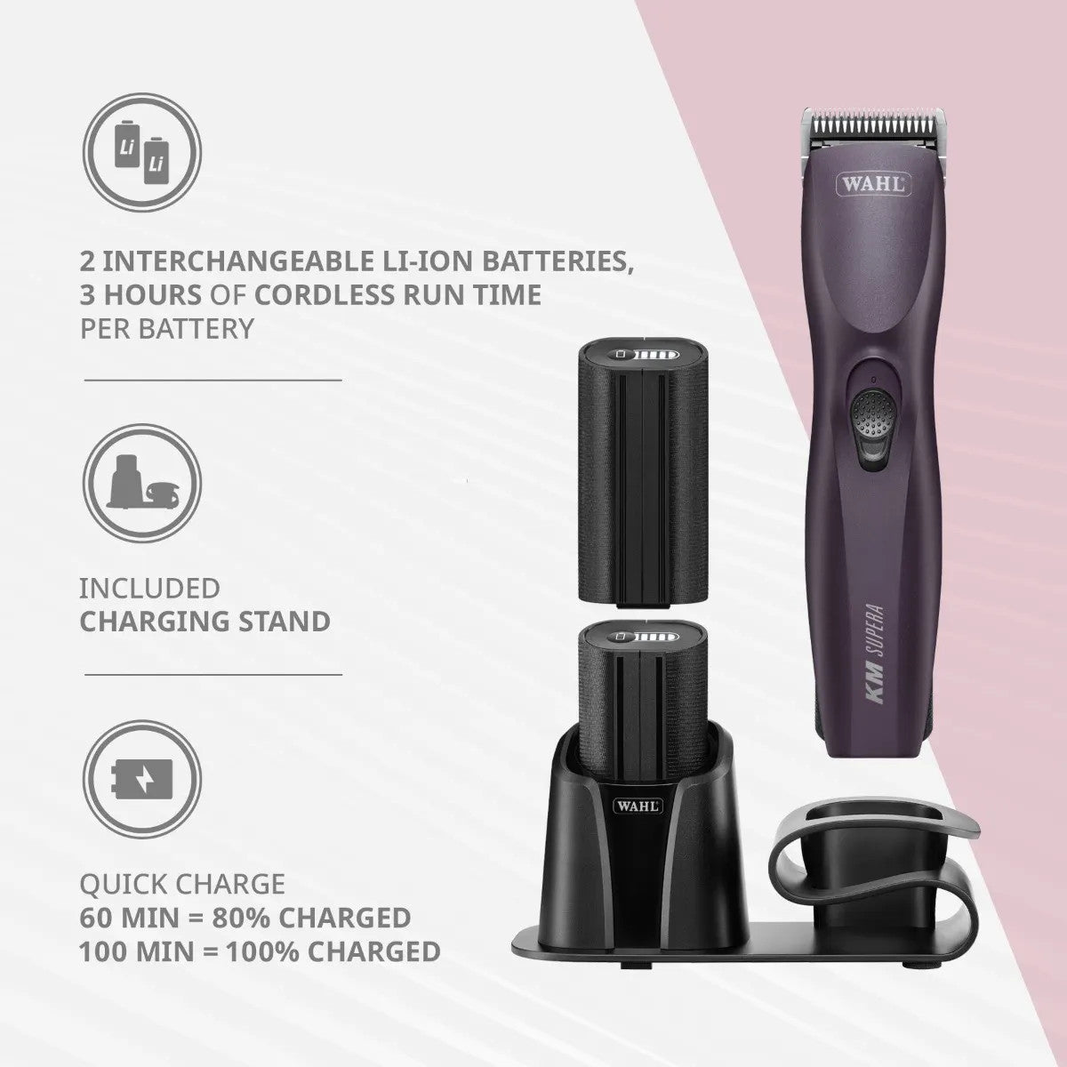 Wahl KM Supera with key features: two interchangeable li-ion batteries, charging stand and quick charge time