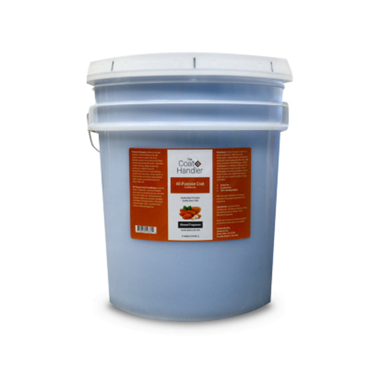 5 gallon pail of The Coat Handler All-Purpose Coat Conditioner, showcasing product label with ingredients and description