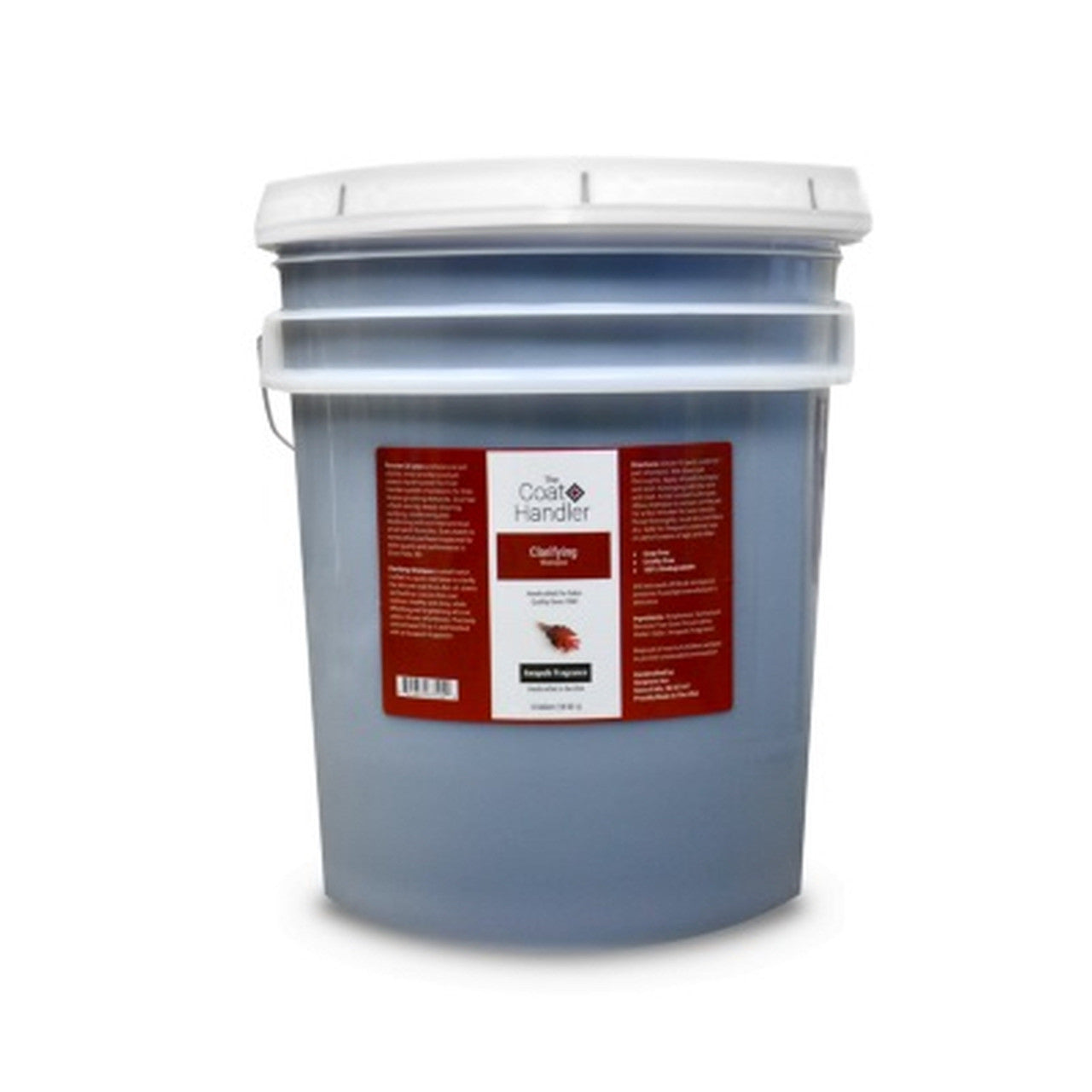 5 gallon pail of The Coat Handler Clarifying Shampoo, showcasing product label with ingredients and description