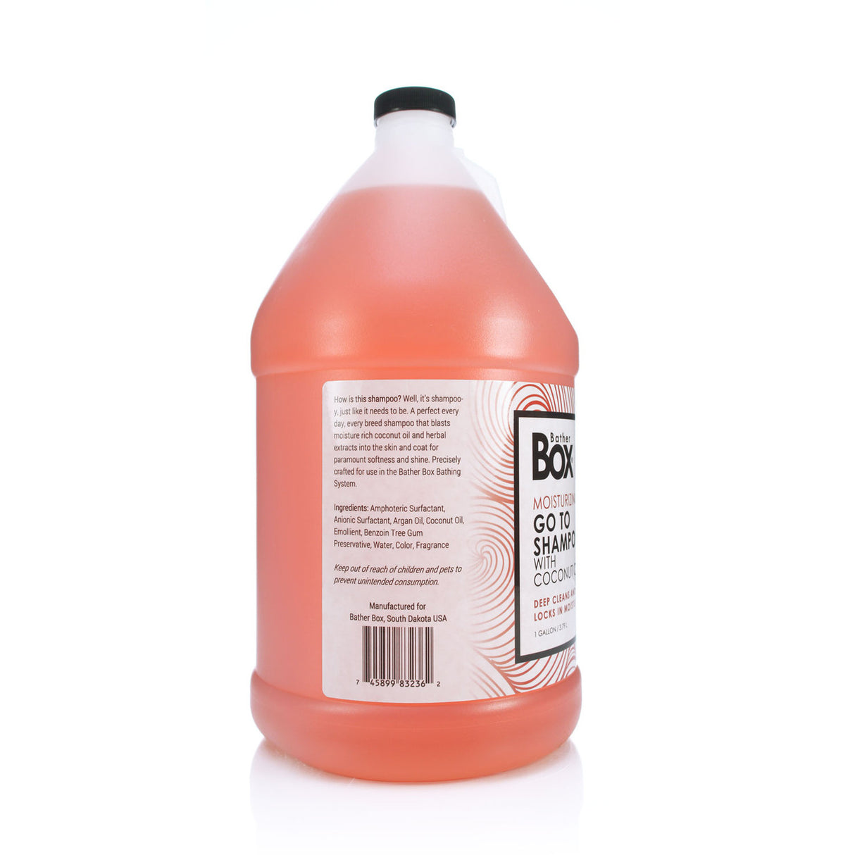 Side view of BatherBox® Go To Shampoo gallon jug, showcasing product label with ingredients and description