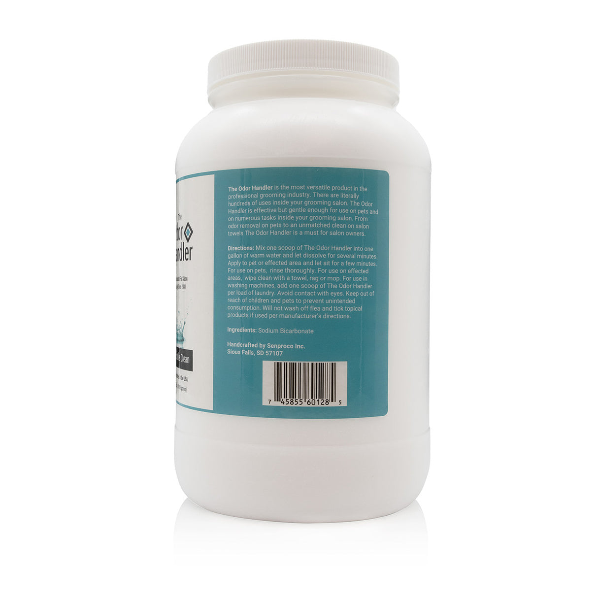 Side view of The Odor Handler 9.5 lb container, showcasing product label with ingredients and description