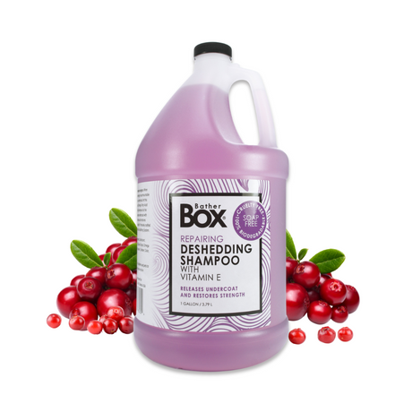 Gallon jug of BatherBox® Deshedding Shampoo displayed with fresh lingonberries