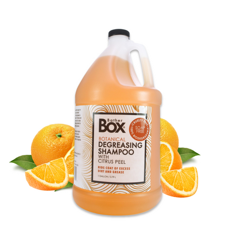 Gallon jug of BatherBox® Degreasing Shampoo displayed with orange slices in the background