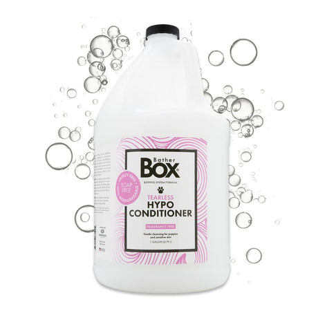 Gallon jug of BatherBox® Hypo Conditioner surrounded by soft soap bubbles