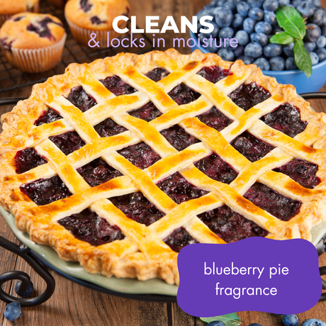 Image featuring blueberry desserts arranged on a table accompanied by the text: 'cleans and locks in moisture, blueberry pie fragrance'