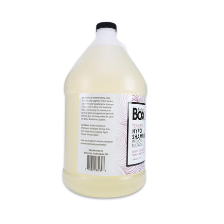 Side view of BatherBox® Hypo Shampoo gallon jug, showcasing product label with ingredients and description