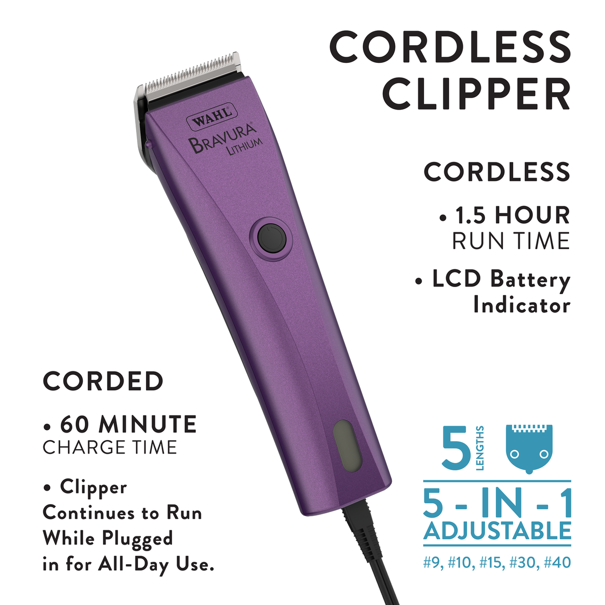 Wahl Bravura Lithium 5-in-1 Clipper, Purple Clipper Specs