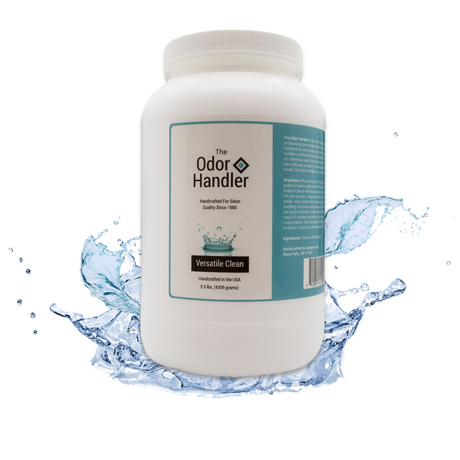 9.5 lb container of The Odor Handler emerging from a splash of clear water
