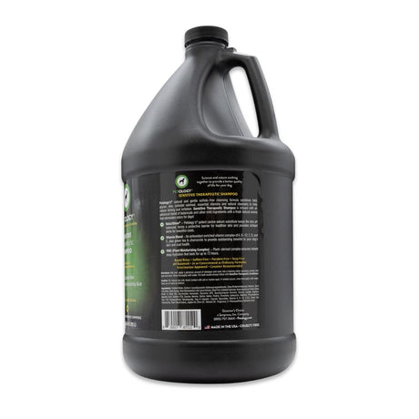 Side view of Petology Sensitive Therapeutic Shampoo gallon jug, showcasing product label with ingredients and description