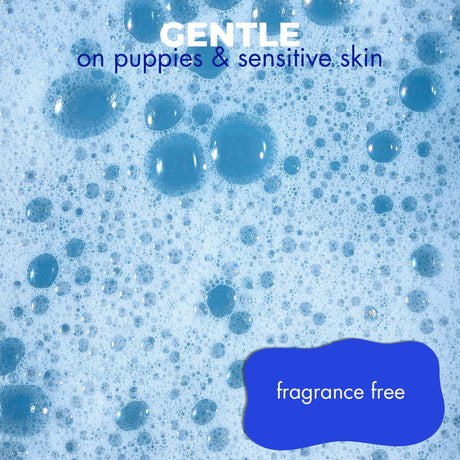 Image with a blue soapy background displaying the text: 'gentle on puppies and sensitive skin, fragrance free'