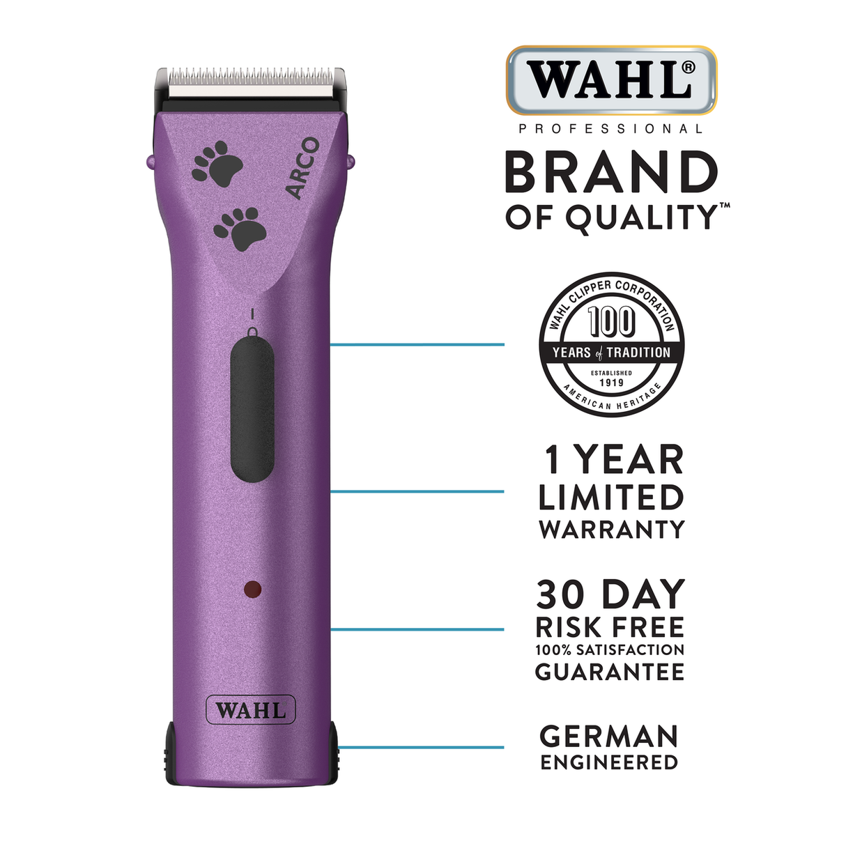 Wahl Arco 5-in-1 Clipper, Purple with Paw Prints Infographic