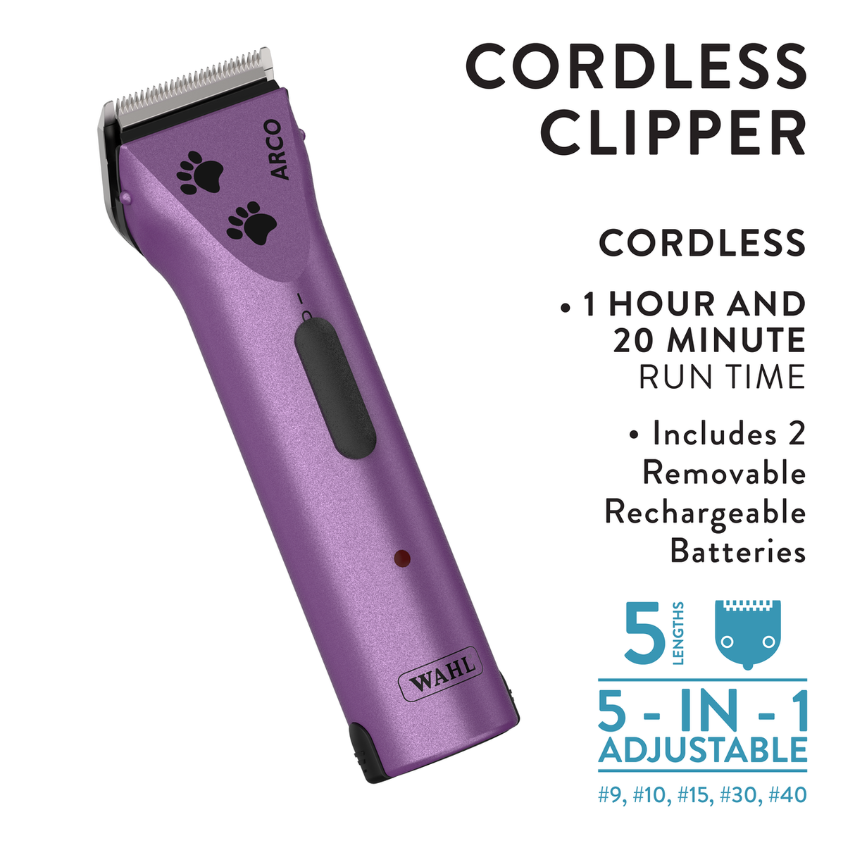 Wahl Arco 5-in-1 Clipper, Purple with Paw Prints Infographic