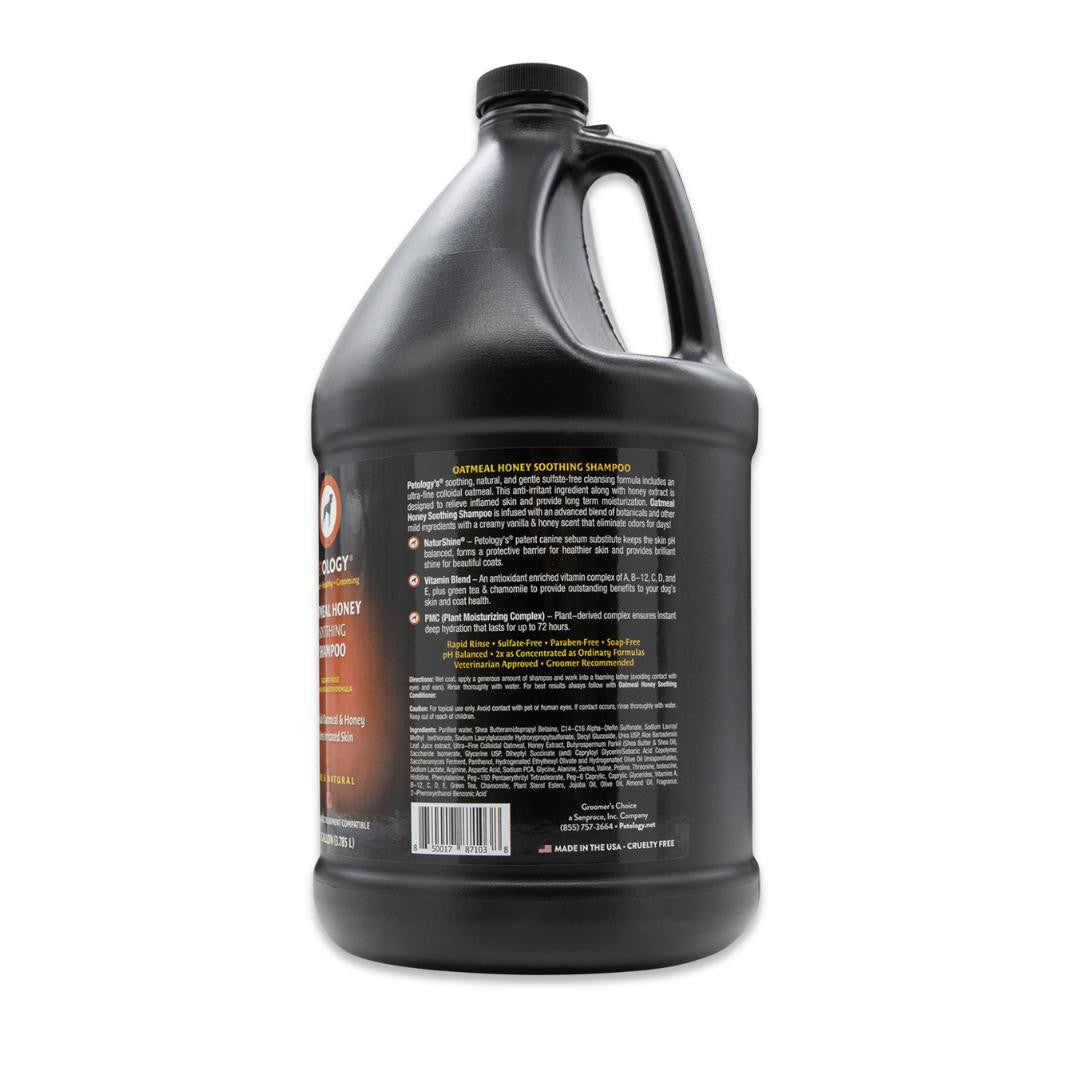 Side view of Petology Oatmeal Honey Soothing Shampoo gallon jug, showcasing product label with ingredients and description