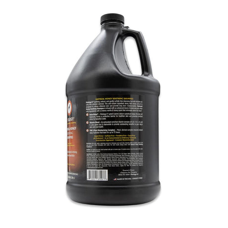 Side view of Petology Oatmeal Honey Soothing Shampoo gallon jug, showcasing product label with ingredients and description
