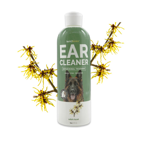 16 oz bottle of Bark2Basics Dog Ear Cleaner surrounded by witch hazel twigs
