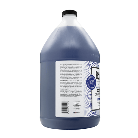 Side view of BatherBox® Go To Shampoo gallon jug, showcasing product label with ingredients and description