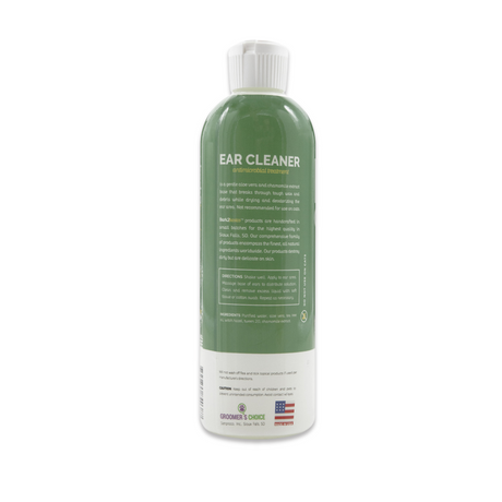 Back view of Bark2Basics Dog Ear Cleaner 16 oz bottle, showcasing product label with ingredients and description