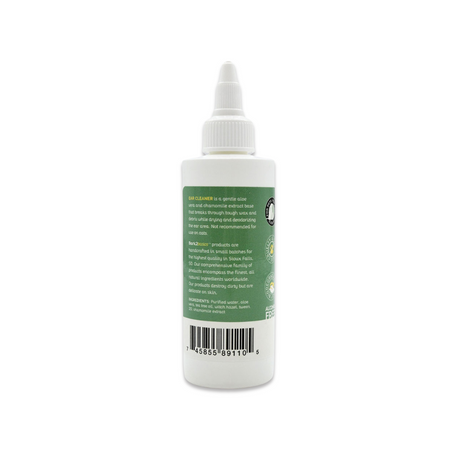Back view of Bark2Basics Dog Ear Cleaner 4 oz bottle, showcasing product label with ingredients and description
