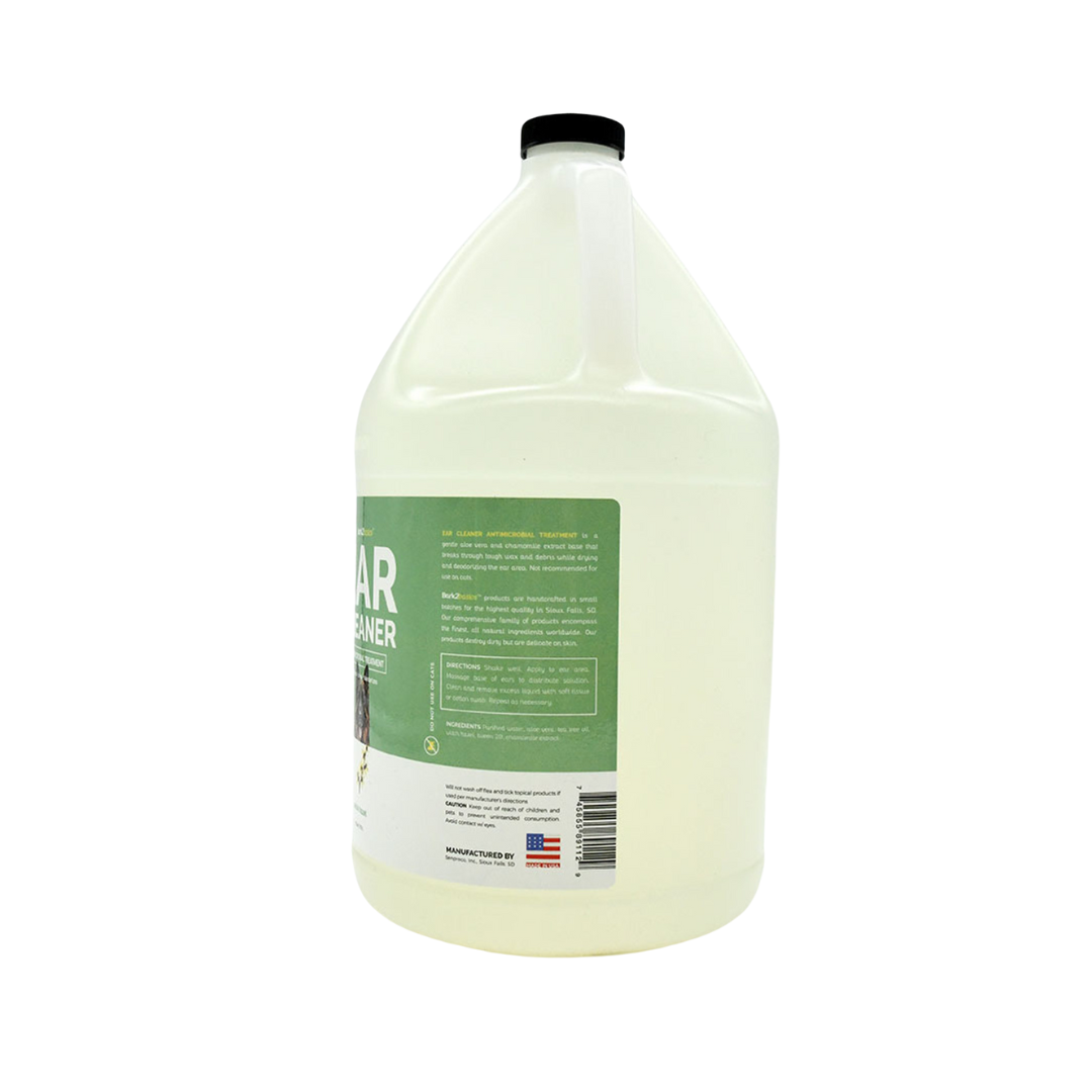 Side view of Bark2Basics Dog Ear Cleaner gallon jug, showcasing product label with ingredients and description