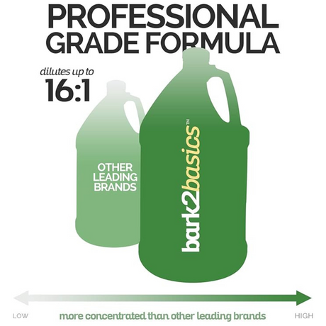 Bark2Basics gallon jug shown larger than a competing brand, highlighting its professional-grade formula with up to 16:1 dilution and higher concentration