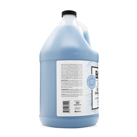 Side view of BatherBox® Go To Shampoo gallon jug, showcasing product label with ingredients and description