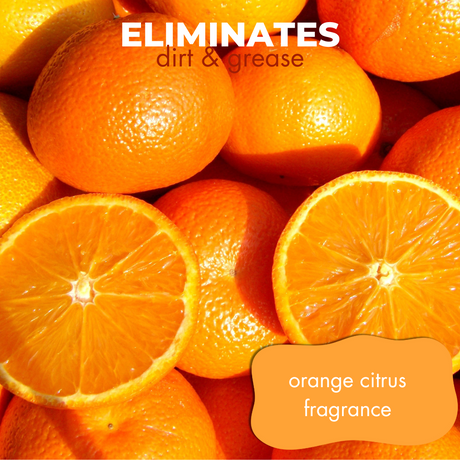 Close-up view of fresh oranges accompanied by the text: 'eliminates dirt and grease, orange citrus fragrance'
