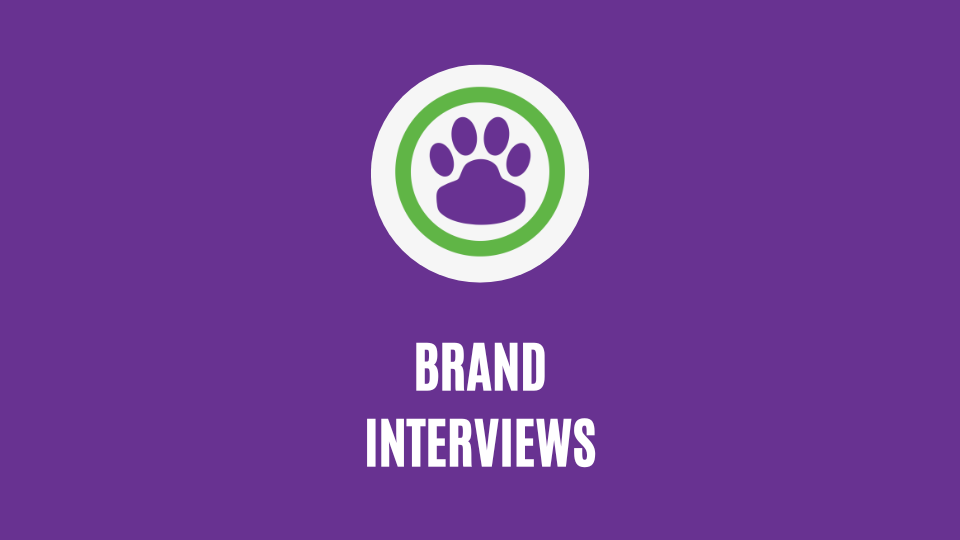 Logo with a paw print and 'Brand Interviews' text on a purple background