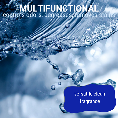 Close-up of splashing water with ripples and suspended droplets accompanied by the text: 'multifunctional: controls odors, degreases and removes stains, versatile clean fragrance'