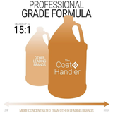 The Coat Handler gallon jug shown larger than a competing brand, highlighting its professional-grade formula with up to 15:1 dilution and higher concentration