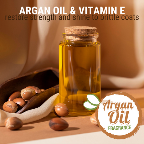 A canister of argan oil surrounded by argan kernels in a wooden scoop set on a silky cloth, accompanied by the text: 'argan oil and vitamin E restore strength and shine to brittle coats, argan oil fragrance'