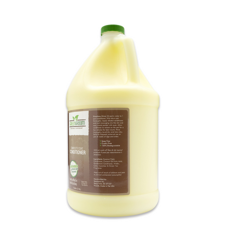 Right side view of Green Groom Complete Coat Conditioner gallon jug, showcasing directions and ingredients