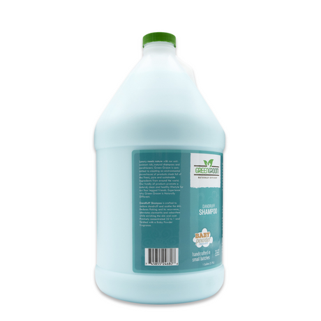 Left side view of Green Groom DandRUFF Shampoo gallon jug, showcasing product description