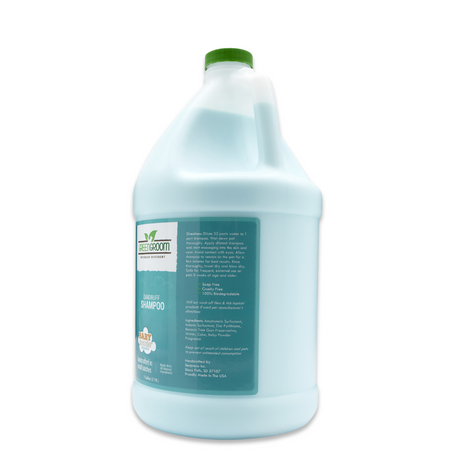 Right side view of Green Groom DandRUFF Shampoo gallon jug, showcasing directions and ingredients